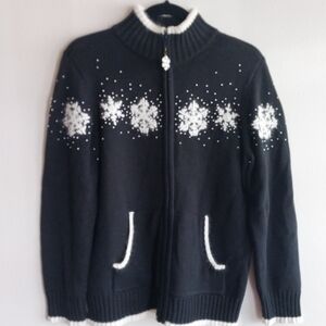 Quacker Factory Black & White Embroiderd Snowflake Zip Up Cardigan